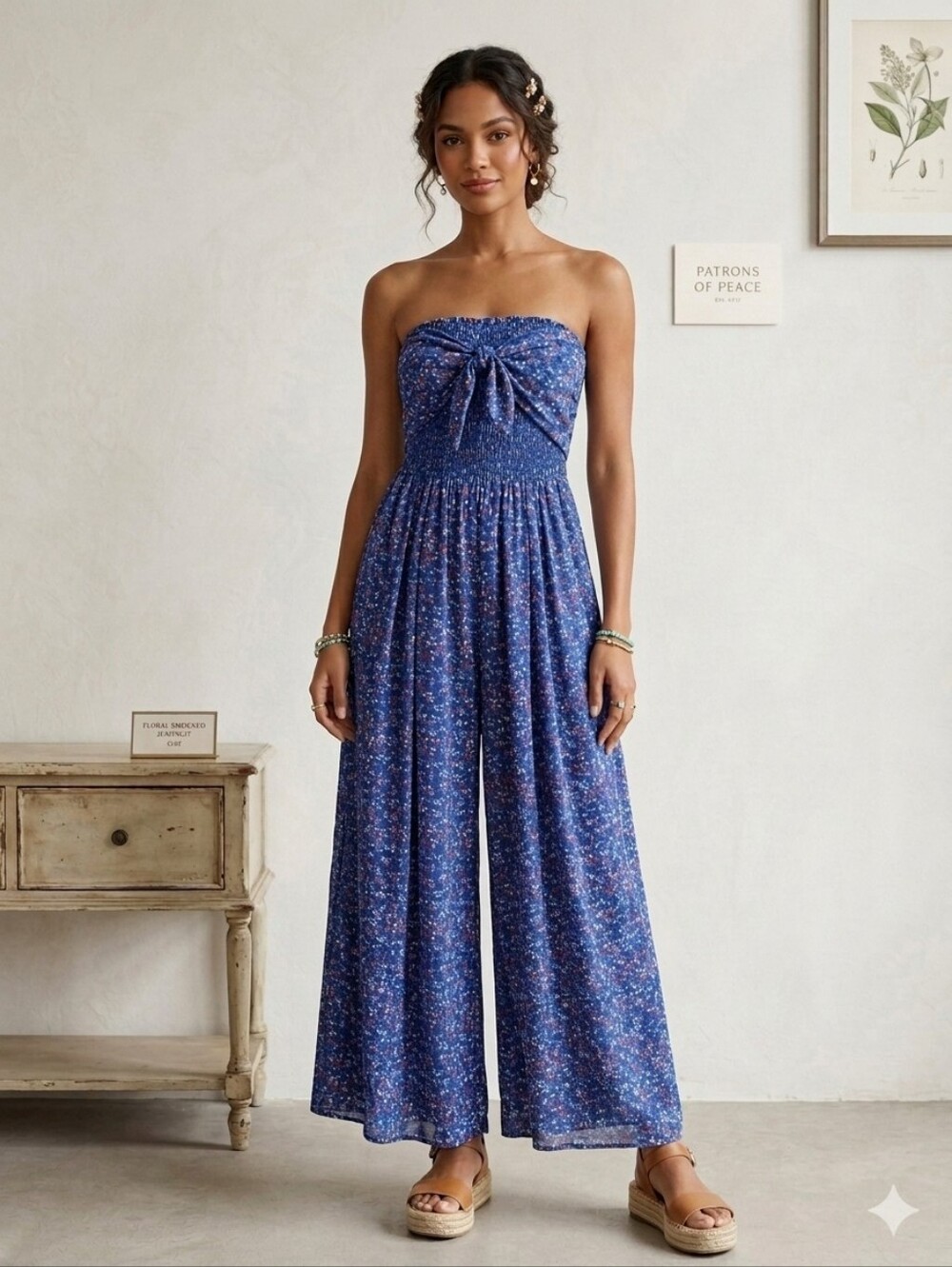 Patrons Of Peace Smocked Wide Leg Jumpsuit In Blue Ditsy Floral Print Size M